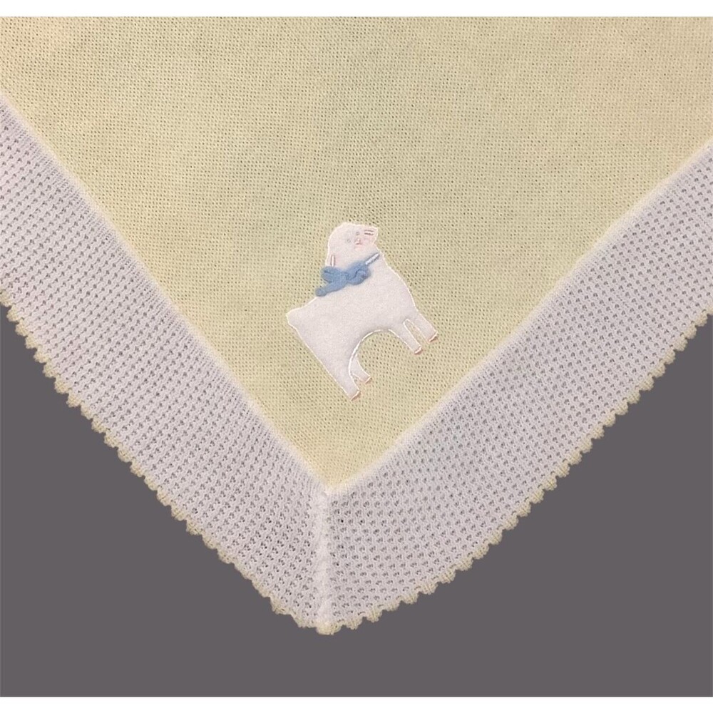 VTG Baby Kisses Yellow White Acrylic Weave Baby Baptism Blanket Embroidered Lamb
